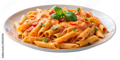 Penne allay Vodka pasta in a pink tomato cream sauce isolated on white background. photo