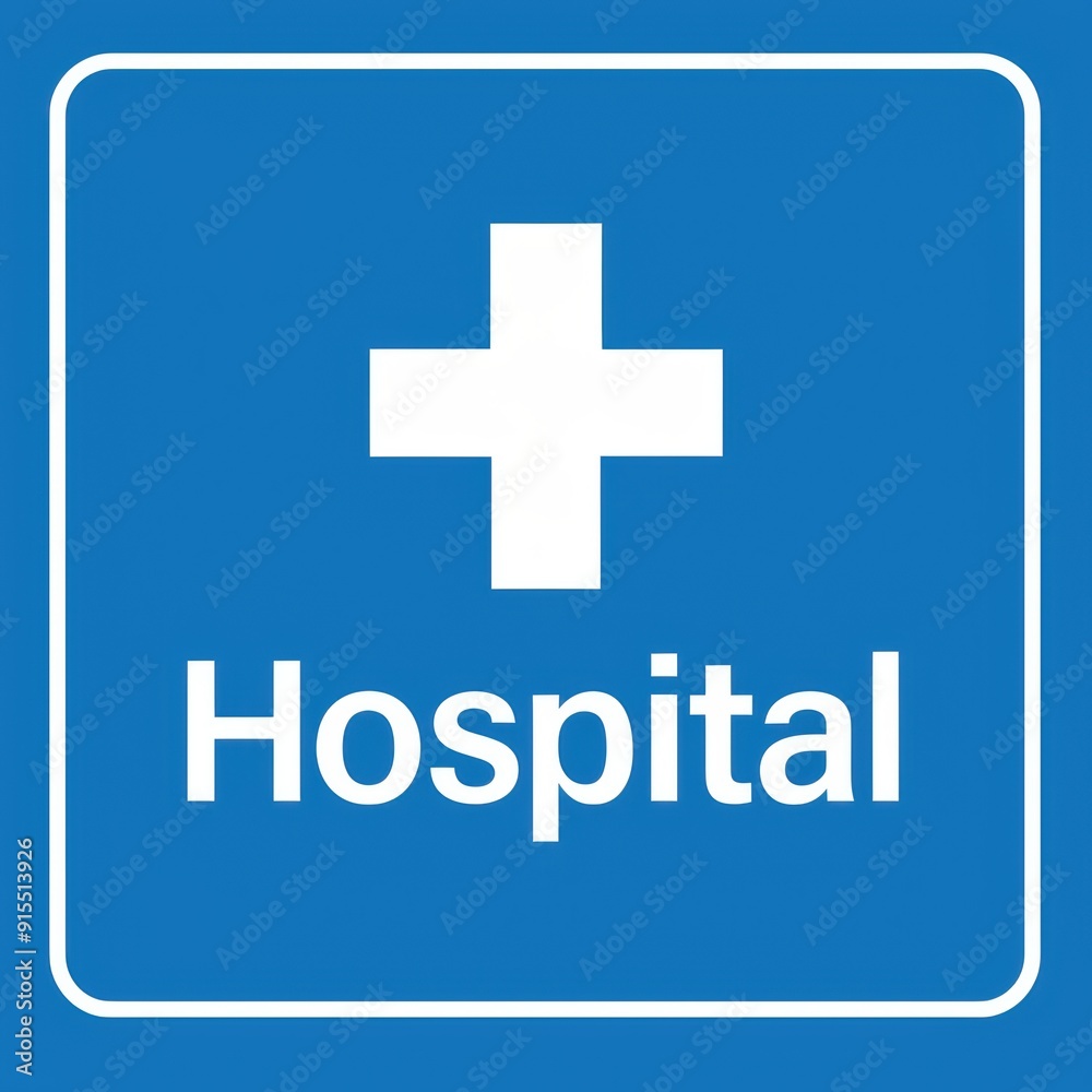 Hospital sign with blue background, white cross, and text pointing to medical help Hospital sign with blue background, white cross, and text pointing to medical help