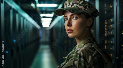 A woman in a military uniform stands in a dark room photo