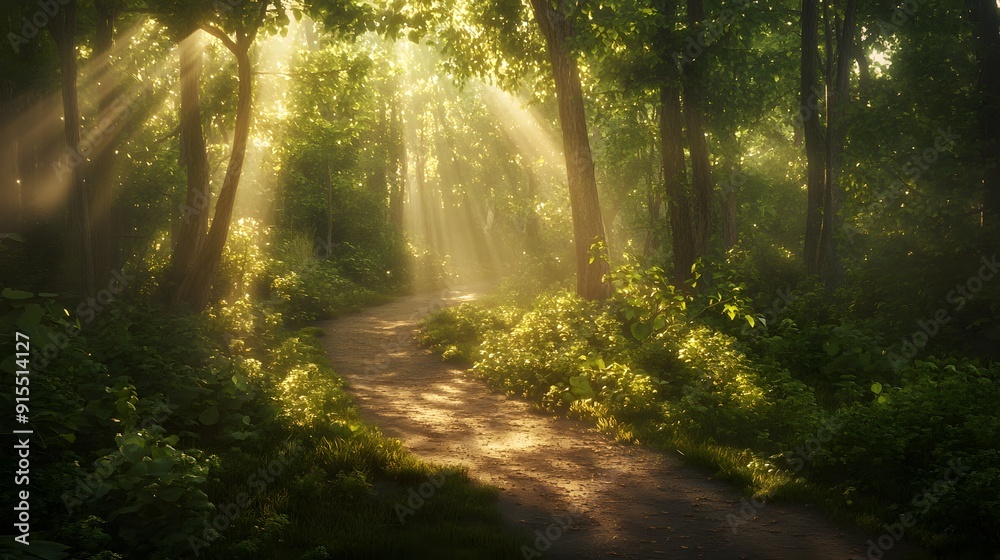 Obraz premium Enchanted forest path, vibrant green foliage, sunbeams piercing through trees, misty atmosphere, golden hour light, tall ancient trees, dappled sunlight on forest floor.