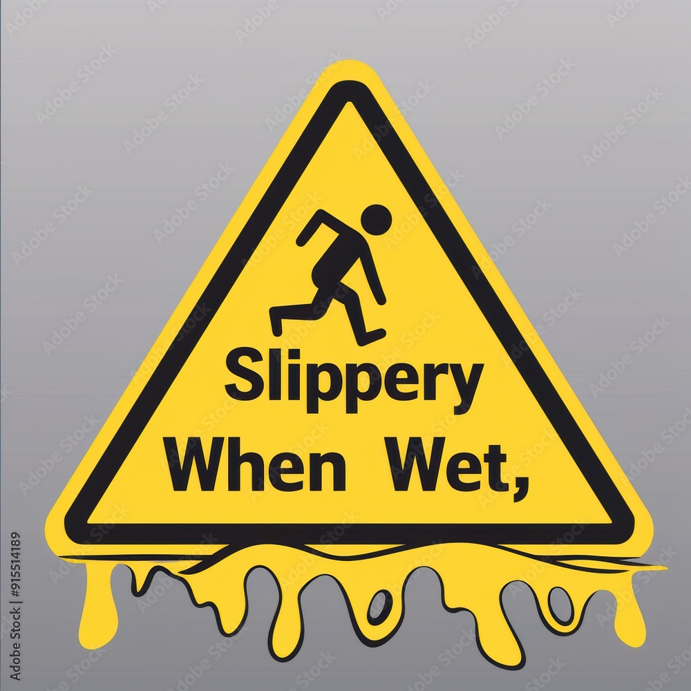 Caution: wet surface warning sign covered in slime with a running stick figure Caution: wet surface warning sign covered in slime with a running stick figure