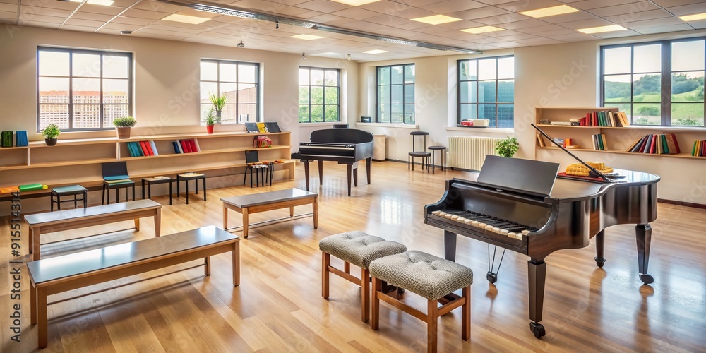 Empty music classroom with piano keyboard, benches, and sheet music scattered on tables, capturing the essence of a child's music lesson learning atmosphere. Empty music classroom with piano keyboard, benches, and sheet music scattered on tables, capturing the essence of a child's music lesson learning atmosphere.