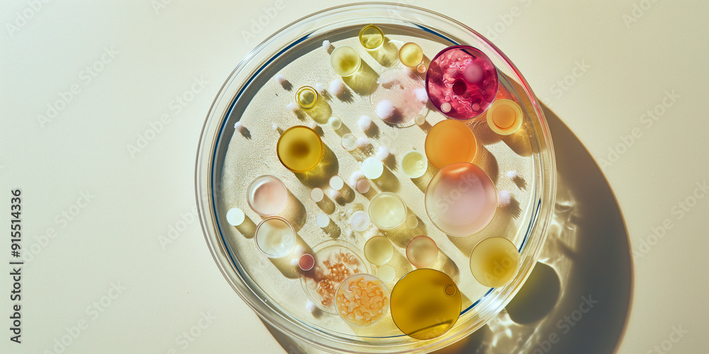 A a petri dish filled with various bacteria colonies, representing the diversity of bacterial growth in a lab setting. Minimalist style. A a petri dish filled with various bacteria colonies, representing the diversity of bacterial growth in a lab setting. Minimalist style.