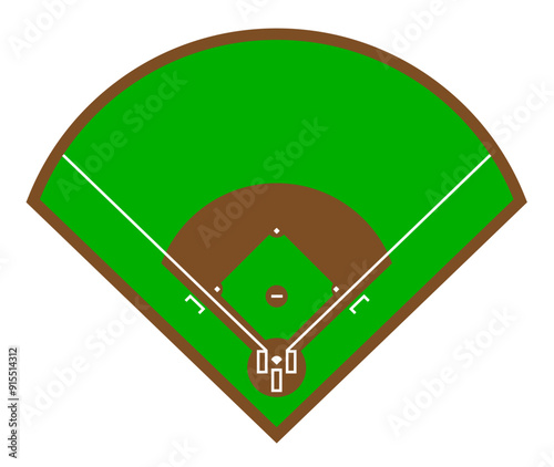 A top-down view of a baseball field showing the infield diamond and outfield areas clearly marked. Vector illustration