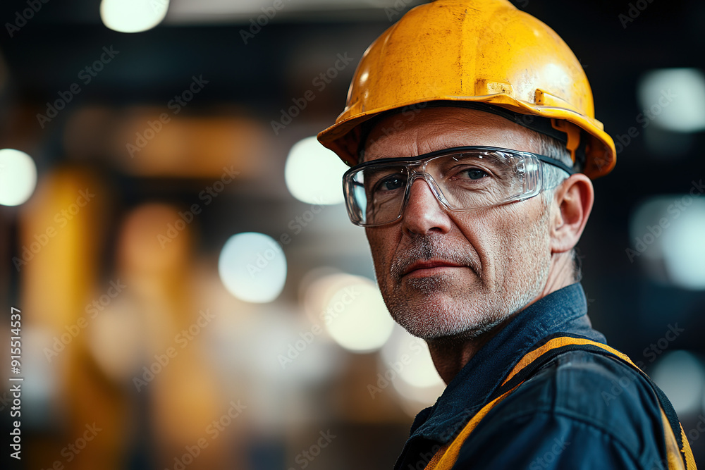 Steel plant employee in mid-age with safety glasses and a yellow helmet, looking at the camera against a blurred background, captured using a Sony Alpha a7 III and macro lens for a sharp focus on work Steel plant employee in mid-age with safety glasses and a yellow helmet, looking at the camera against a blurred background, captured using a Sony Alpha a7 III and macro lens for a sharp focus on work