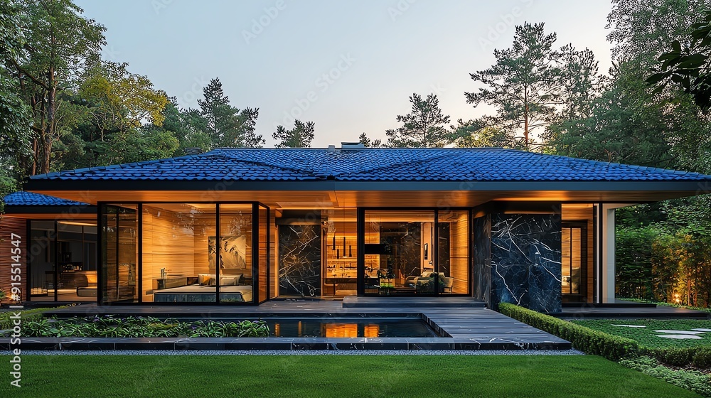 Modern house architecture featuring large windows, landscaped garden, and scenic surroundings at dusk. Modern house architecture featuring large windows, landscaped garden, and scenic surroundings at dusk.