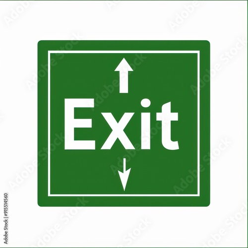 Bright green exit sign with up and down arrows on white background, guiding emergency evacuation. Perfect for illustrating escape routes in buildings