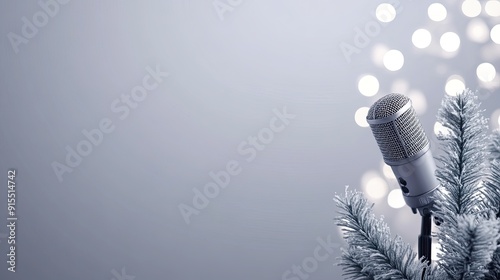 A vintage microphone stands ready on stage with blurred colorful lights creating a vibrant bokeh background for an upcoming concert event photo