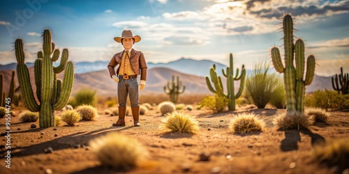 Crafted paper cowboy stands in desert surrounded by cacti and tumbleweeds, paper, cowboy, desert, cacti, tumbleweeds, handmade