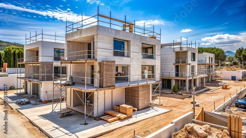 Modern townhouse under construction in Spain, featuring prefabricated modules, surrounded by scaffolding and building materials, with a villa and other homes in various stages of completion. photo