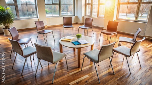 Comfortable modern room with empty chairs circled around a table, scattered notes and pens, symbolizing a support group meeting for addiction recovery. photo