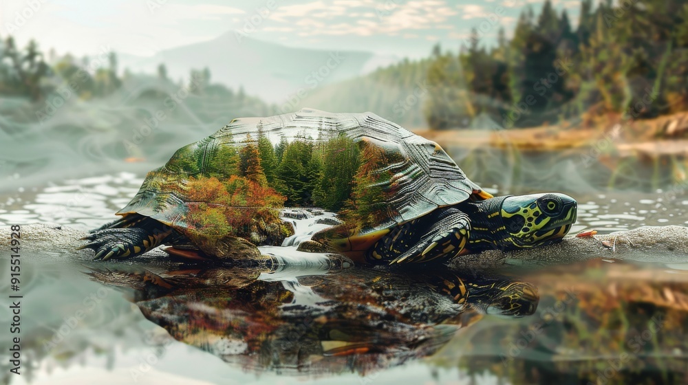 Fototapeta premium A green turtle with a beautiful landscape on its shell