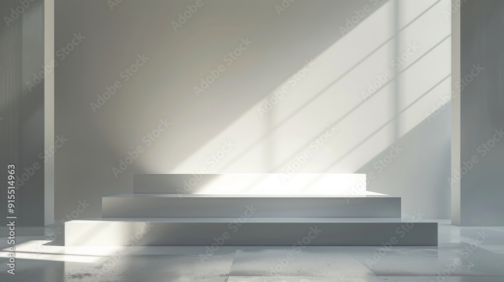 Fototapeta premium Minimalist White Interior Design with Sunlight and Podium