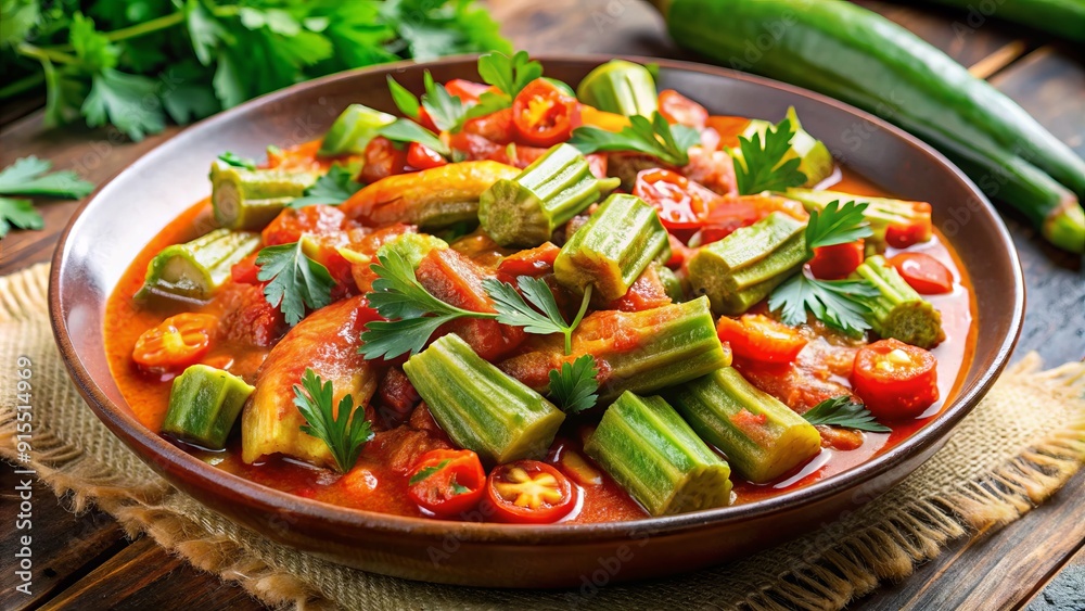 Freshly cooked okra dish, Bamya, served on a plate, showcasing tender pods in a rich tomato sauce, garnished with fresh parsley, and served steaming hot. Freshly cooked okra dish, Bamya, served on a plate, showcasing tender pods in a rich tomato sauce, garnished with fresh parsley, and served steaming hot.