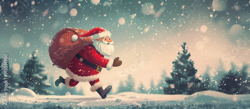 cartoon santa claus running through winter scenery with big bag of gifts; rushing with last minute xmas gift; christmas holiday sales; copy space for text; widescreen backdrop photo