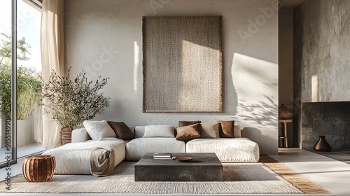 Stylish and modern living room with soft sofa, cozy decor, and natural light creating a relaxing atmosphere. photo