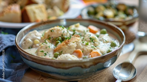 Creamy chicken and dumplings with carrots, peas, cornbread, and a side of roasted Brussels sprouts