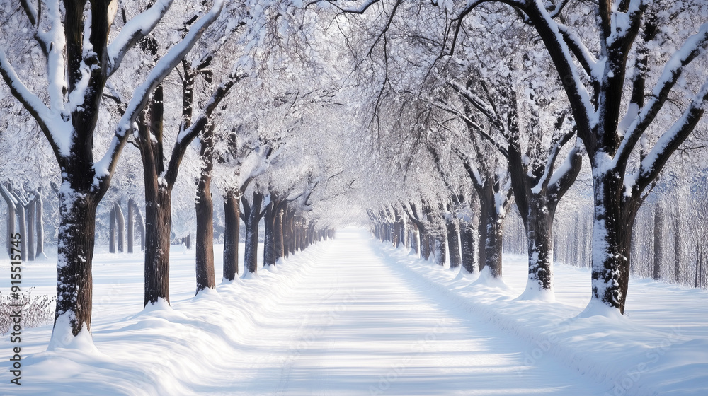 Snow covered path of a winter landscape of forest trees Snow covered path of a winter landscape of forest trees