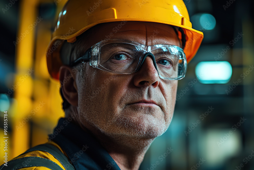 Professional steel worker wearing a yellow helmet and safety glasses, facing the camera with a softly blurred factory backdrop, captured in detail with Sony Alpha a7 III and macro lens to emphasize in