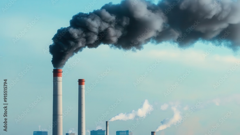 Smokestacks spewing dark smoke over a city skyline, representing industrial pollution and lung cancer risks, environmental impact Smokestacks spewing dark smoke over a city skyline, representing industrial pollution and lung cancer risks, environmental impact