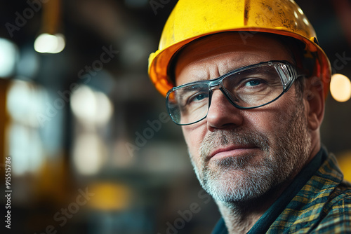 Professional steel worker wearing a yellow helmet and safety glasses, facing the camera with a softly blurred factory backdrop, captured in detail with Sony Alpha a7 III and macro lens to emphasize in