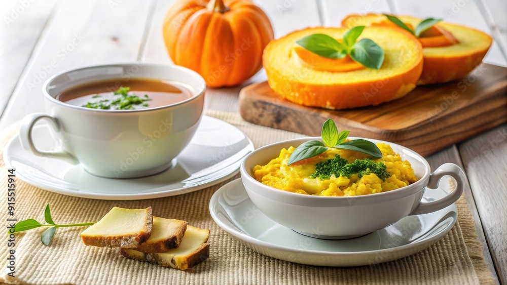 Light breakfast in a restaurant with green tea and pumpkin puree , breakfast, restaurant, green tea, pumpkin puree, healthy, light Light breakfast in a restaurant with green tea and pumpkin puree , breakfast, restaurant, green tea, pumpkin puree, healthy, light
