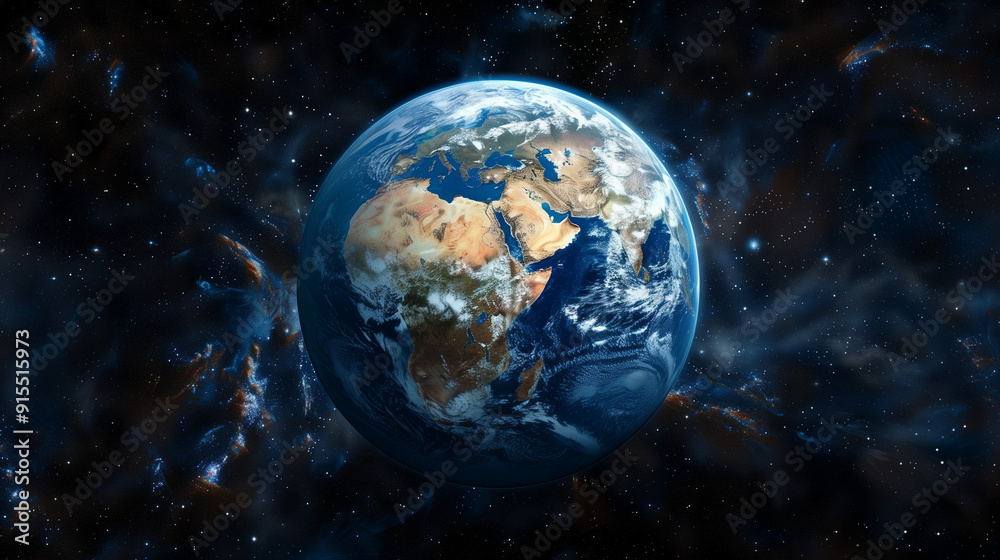 Obraz premium Planet earth from the space at night . 3d render. Planet Earth showcases a mesmerizing spectacle of city lights and clouds from space split between night and day with twinkling stars overhead.