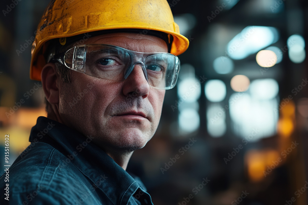 Professional steel worker wearing a yellow helmet and safety glasses, facing the camera with a softly blurred factory backdrop, captured in detail with Sony Alpha a7 III and macro lens to emphasize in