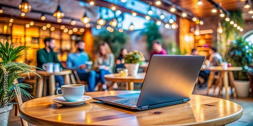 Wallpaper Mural Vibrant scene of a modern laptop on a small table amidst lively cafe atmosphere, surrounded by blurred background of chatting friends and cozy decoration. Torontodigital.ca