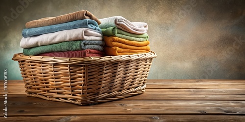 Freshly laundered and neatly folded towels overflow from a sturdy wicker basket, resting on a rustic wooden table, against a transparent and isolated background. photo