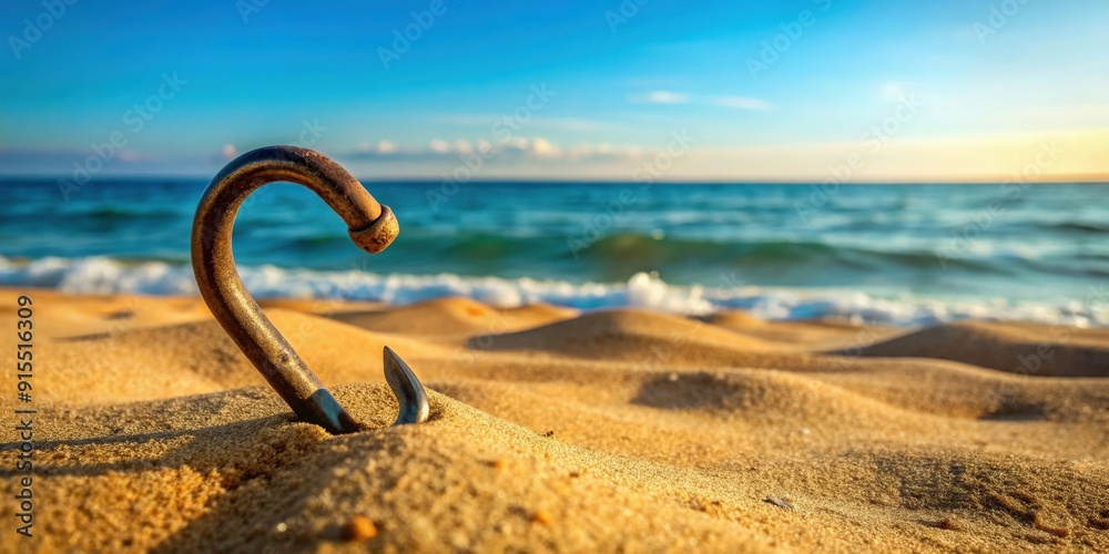 Fototapeta premium Pirate's hook on sandy beach , pirate, hook, sand, ocean, maritime, treasure, chest, adventure, ship, nautical, wooden