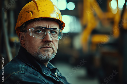 Professional steel worker wearing a yellow helmet and safety glasses, facing the camera with a softly blurred factory backdrop, captured in detail with Sony Alpha a7 III and macro lens to emphasize in