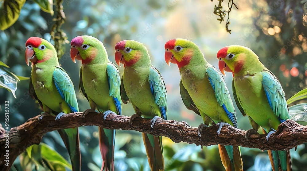 Obraz premium A vibrant group of five parrots perched on a branch, showcasing their colorful feathers in a lush, green environment.