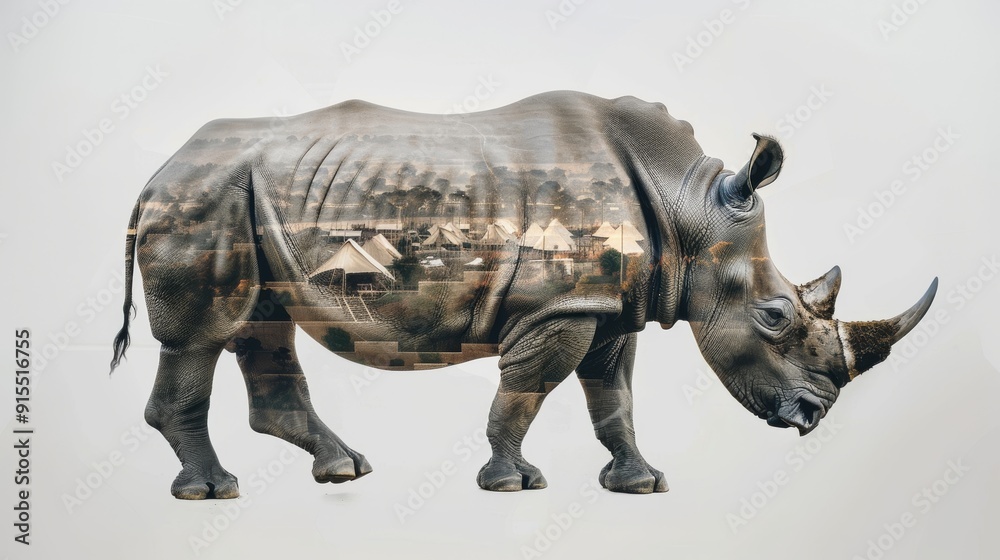 Fototapeta premium A majestic and powerful rhinoceros stands tall, its muscular body covered in thick gray skin