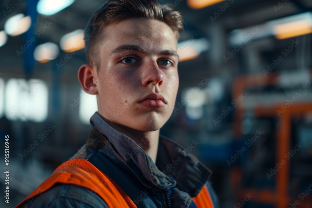 Fototapeta premium Portrait of a young male assembly line worker in factory