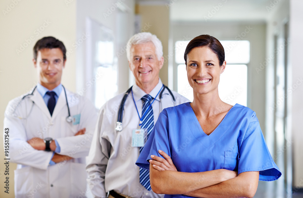 Doctors, nurse and team portrait in hospital for healthcare pride, support and about us with smile. Medical employees, confident and happy for collaboration, surgery service and solidarity in clinic Doctors, nurse and team portrait in hospital for healthcare pride, support and about us with smile. Medical employees, confident and happy for collaboration, surgery service and solidarity in clinic