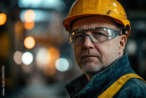 Professional steel worker wearing a yellow helmet and safety glasses, facing the camera with a softly blurred factory backdrop, captured in detail with Sony Alpha a7 III and macro lens to emphasize in