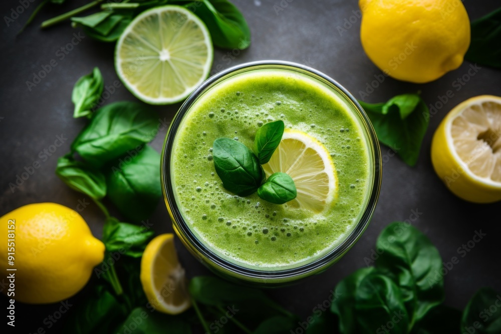 Above view of healthy green smoothie or shake Above view of healthy green smoothie or shake