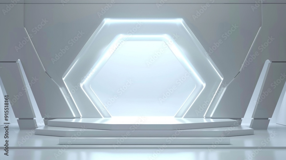 Fototapeta premium Futuristic Architecture: Geometric White Interior with Glowing Hexagon