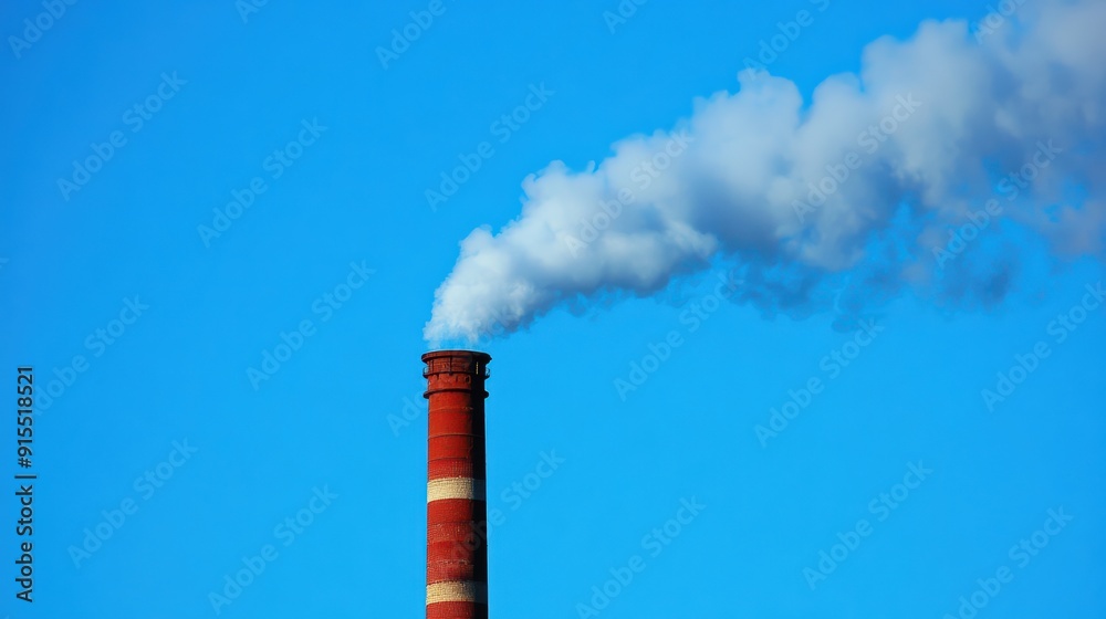 Industrial Pollution: Factory Chimney Emitting Smoke Against Clear Blue Sky Background Industrial Pollution: Factory Chimney Emitting Smoke Against Clear Blue Sky Background