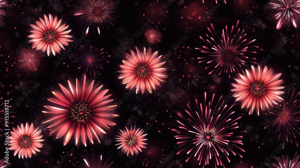 A pattern of fireworks and flowers in a black background A pattern of fireworks and flowers in a black background