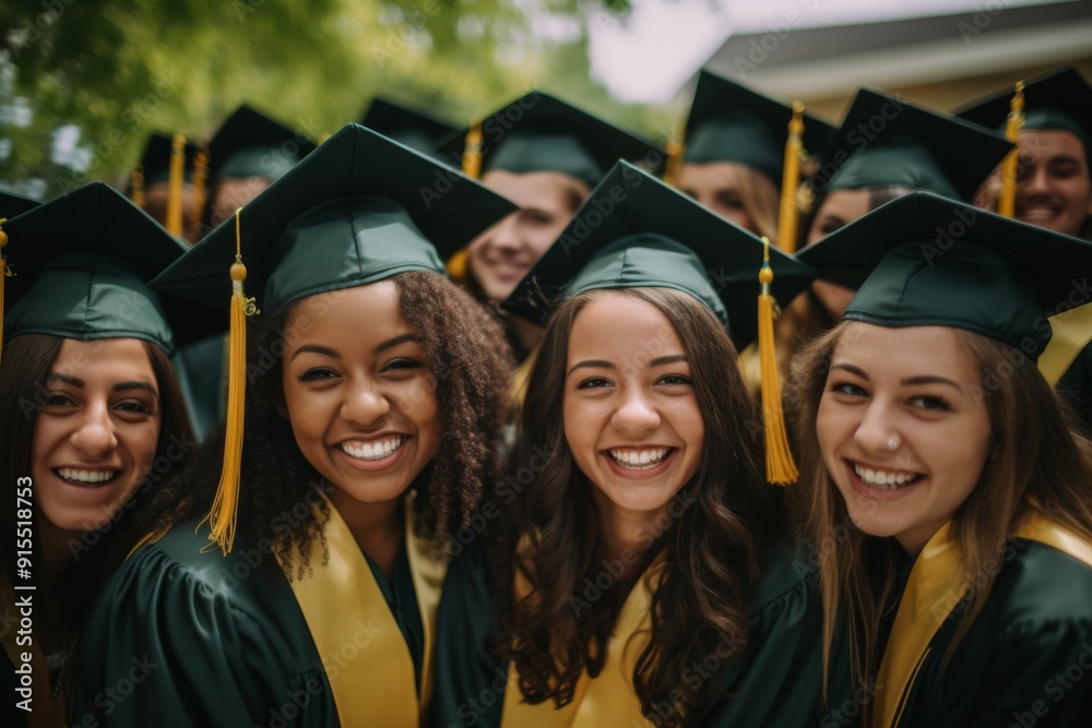 Group of happy diverse graduates smiling for selfie at ceremony on university campus