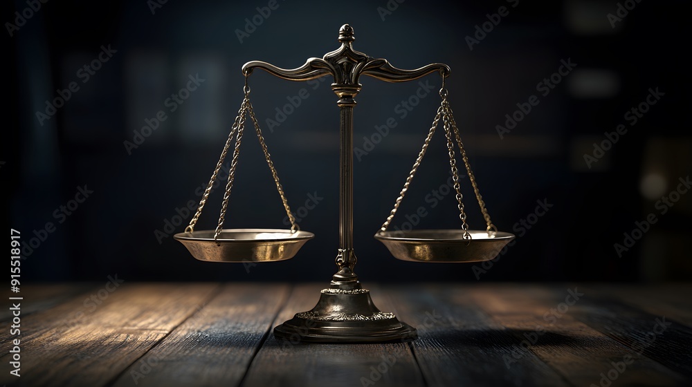 Scales of justice, antique brass balance, black background, dramatic lighting, legal concept, symmetry, golden metallic finish, wooden table surface, chiaroscuro effect. Scales of justice, antique brass balance, black background, dramatic lighting, legal concept, symmetry, golden metallic finish, wooden table surface, chiaroscuro effect.