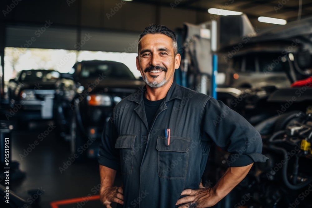 Smiling portrait of a middle aged car mechanic in workshop Smiling portrait of a middle aged car mechanic in workshop