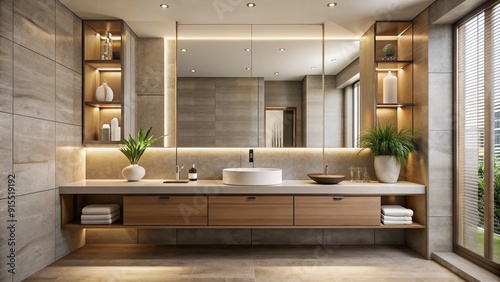 Sleek modern bathroom exudes sophistication with a minimalist vanity, elegant sink, and floor-to-ceiling mirror, all set against a serene neutral tone color palette. photo