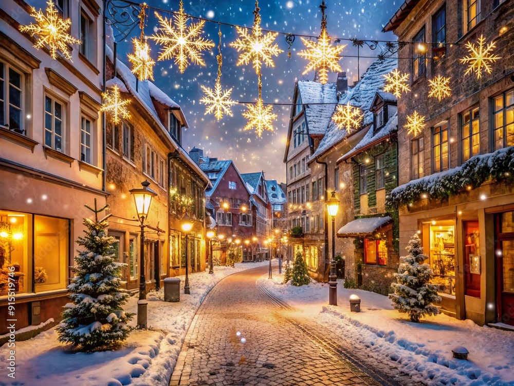 Fototapeta premium Snowflakes gently fall on a charming European street, lined with twinkling lights and festive decorations, capturing the essence of winter wonderland magic and joy.