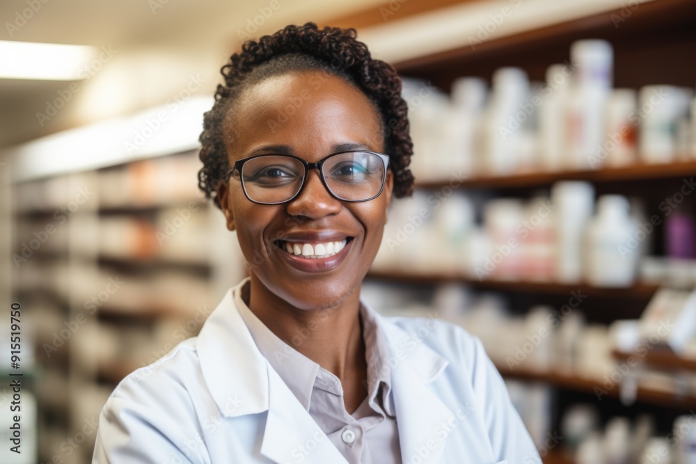 Smiling portrait of a middle aged female pharmacist in pharmacy Smiling portrait of a middle aged female pharmacist in pharmacy
