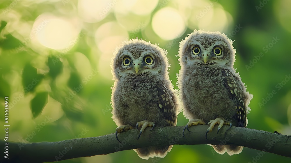 Two baby owls perched on branch, bright natural lighting, forest backdrop, bokeh effect, sharp focus on owls, golden hour glow, wildlife photography, wide-eyed owl chicks.