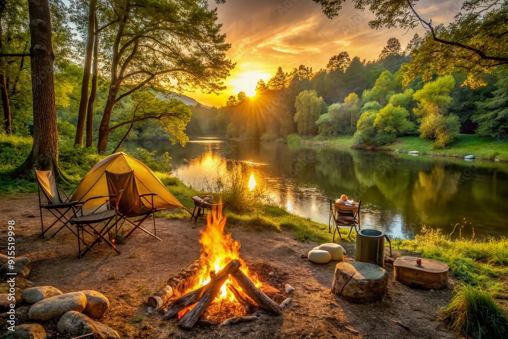 Warm golden light illuminates a serene riverside campsite with a crackling fire pit surrounded by rustic camping gear and lush greenery on a tranquil summer evening.