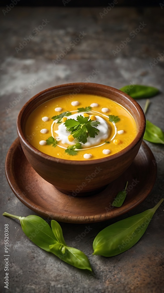 Delicious creamy corn soup served on table Delicious creamy corn soup served on table